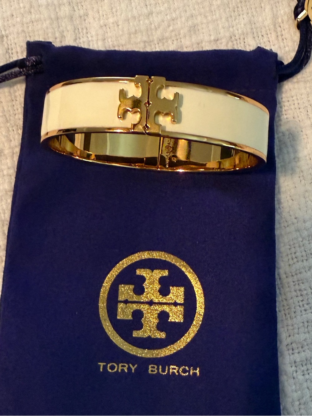 Tory Burch Gold and White Logo Hinge Bangle Bracelet